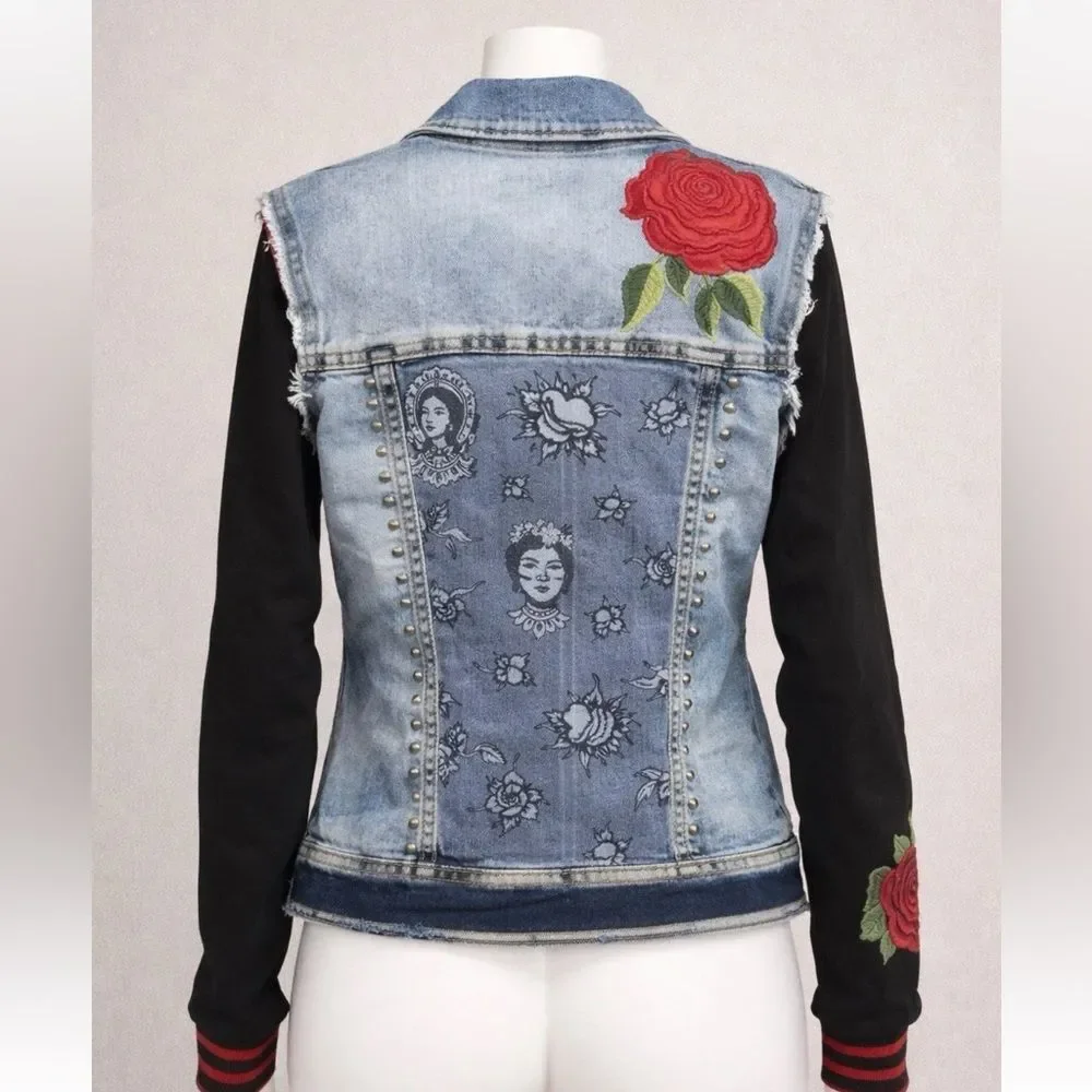 ¡Ay Güey! MX XS Denim Jacket Frida Kahlo Rose Studded Stretch Jean Jacket. XS - Picture 2 of 8